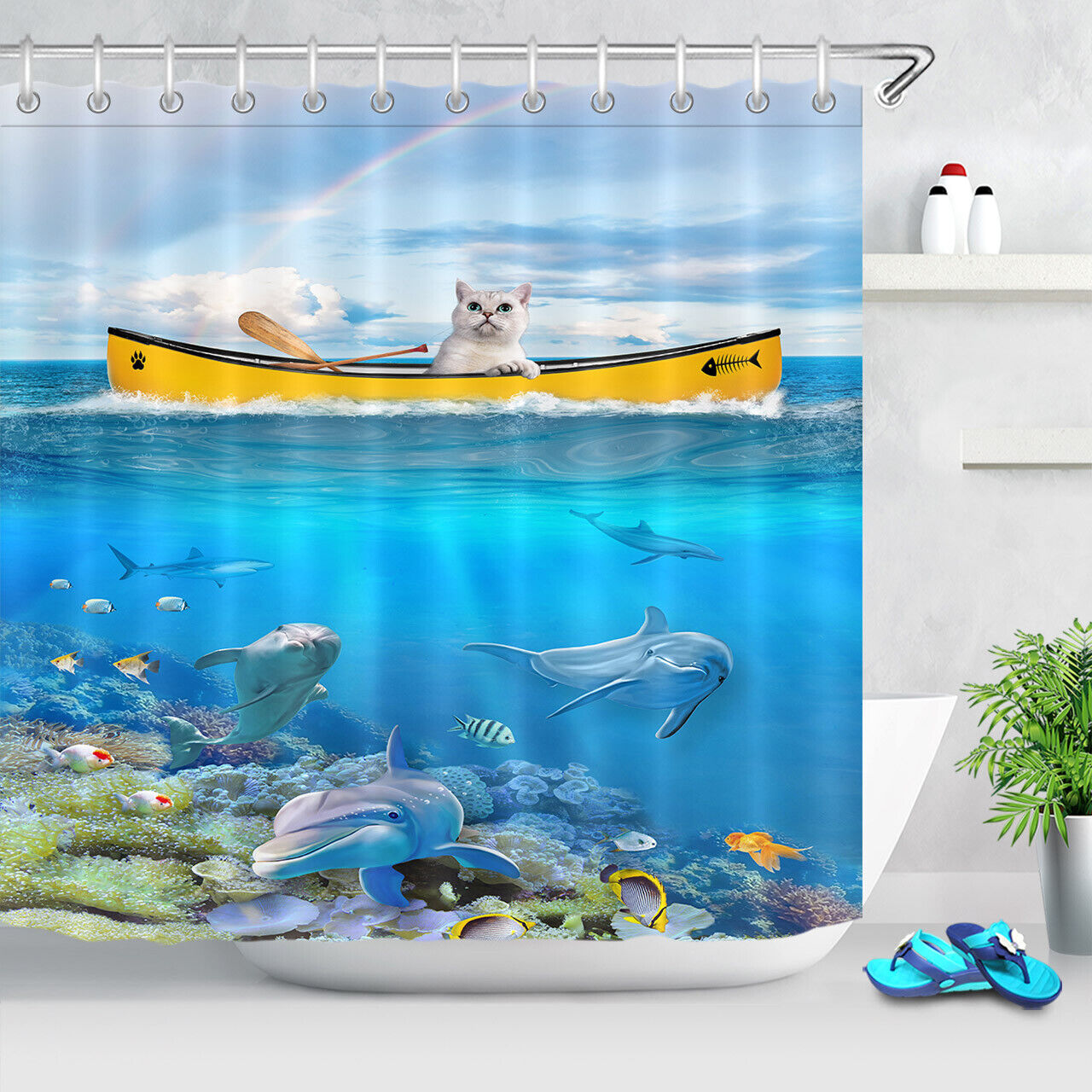 Dolphins Corals Cat Fishing Boat Fabric Shower Curtain For Bathroom Decor - Image 2