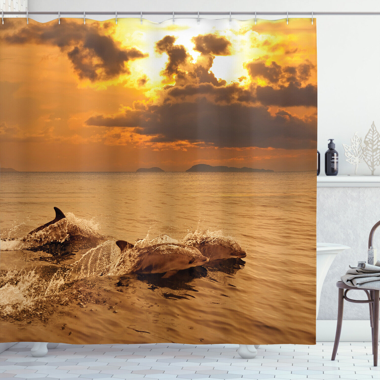 Dolphins Dusk Print Animal Shower Curtain For Bathroom