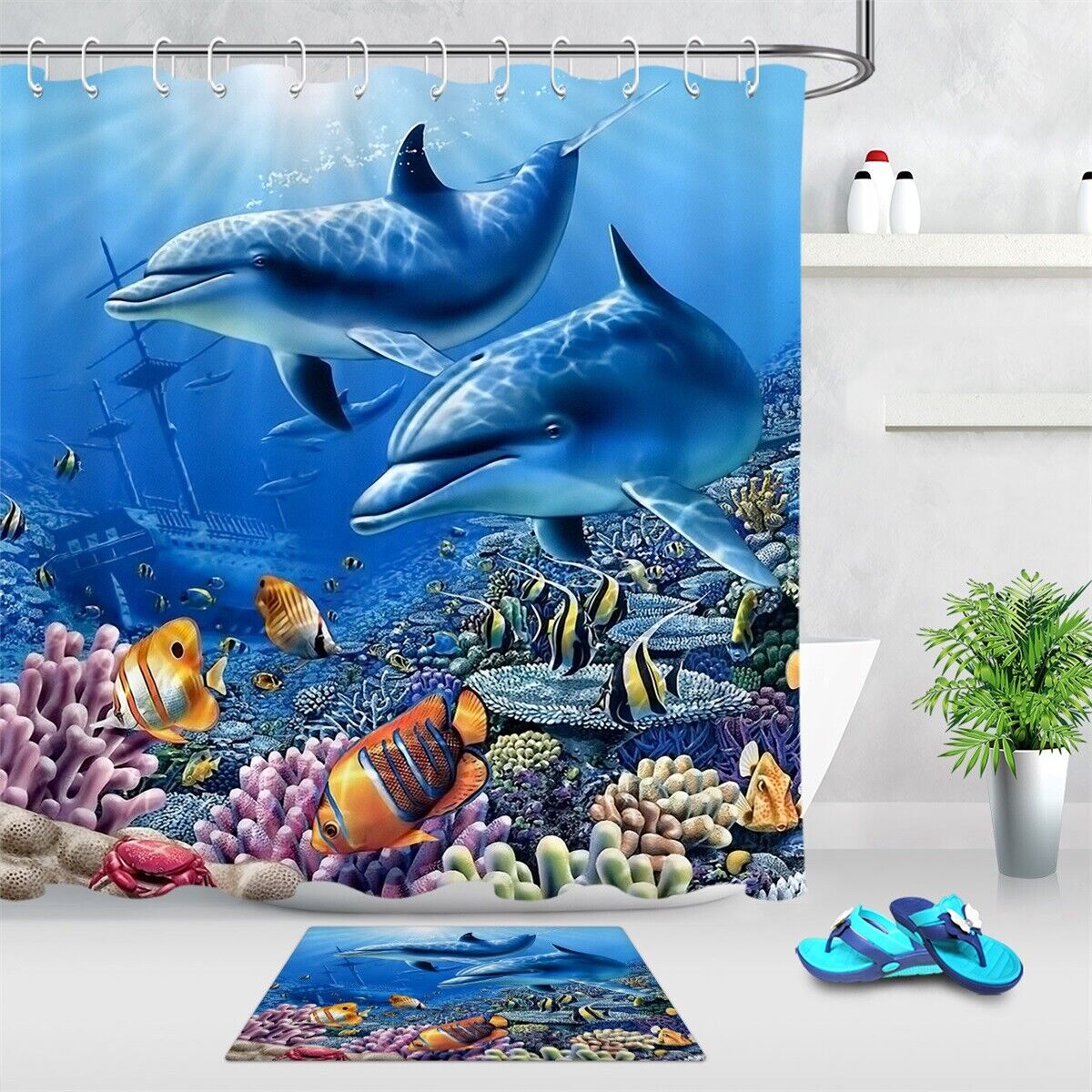 Dolphins Fishes Sunken Ship Shower Curtain Fabric Bathroom Decor