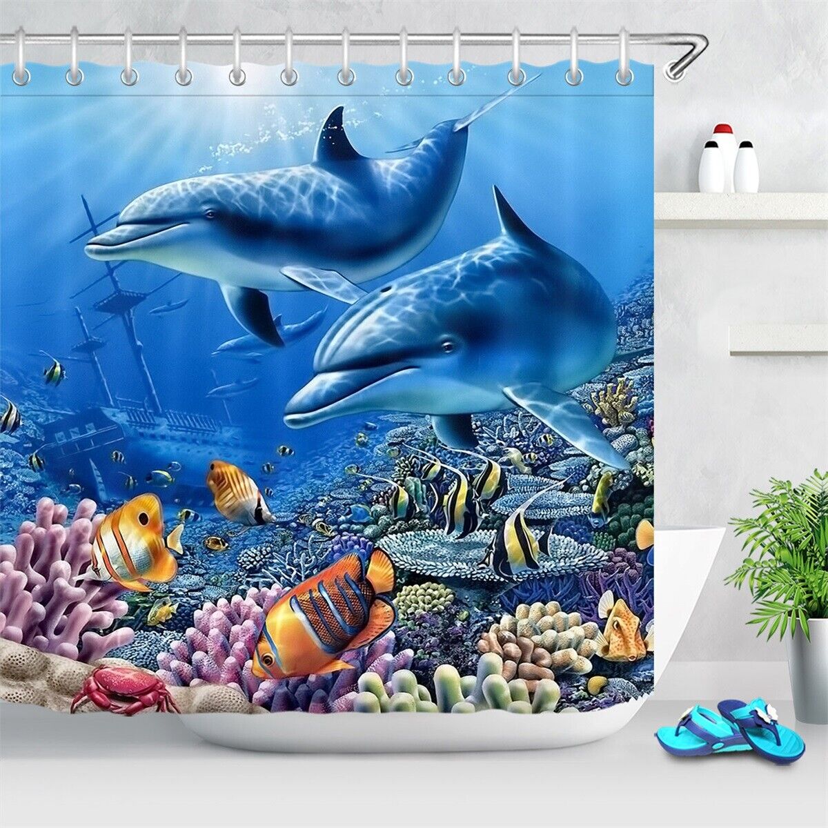 Dolphins Fishes Sunken Ship Shower Curtain Fabric Bathroom Decor - Image 2