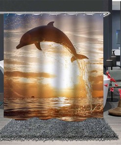 Dolphins Jumping In The Sun Seascape Shower Curtain For Home Hotels