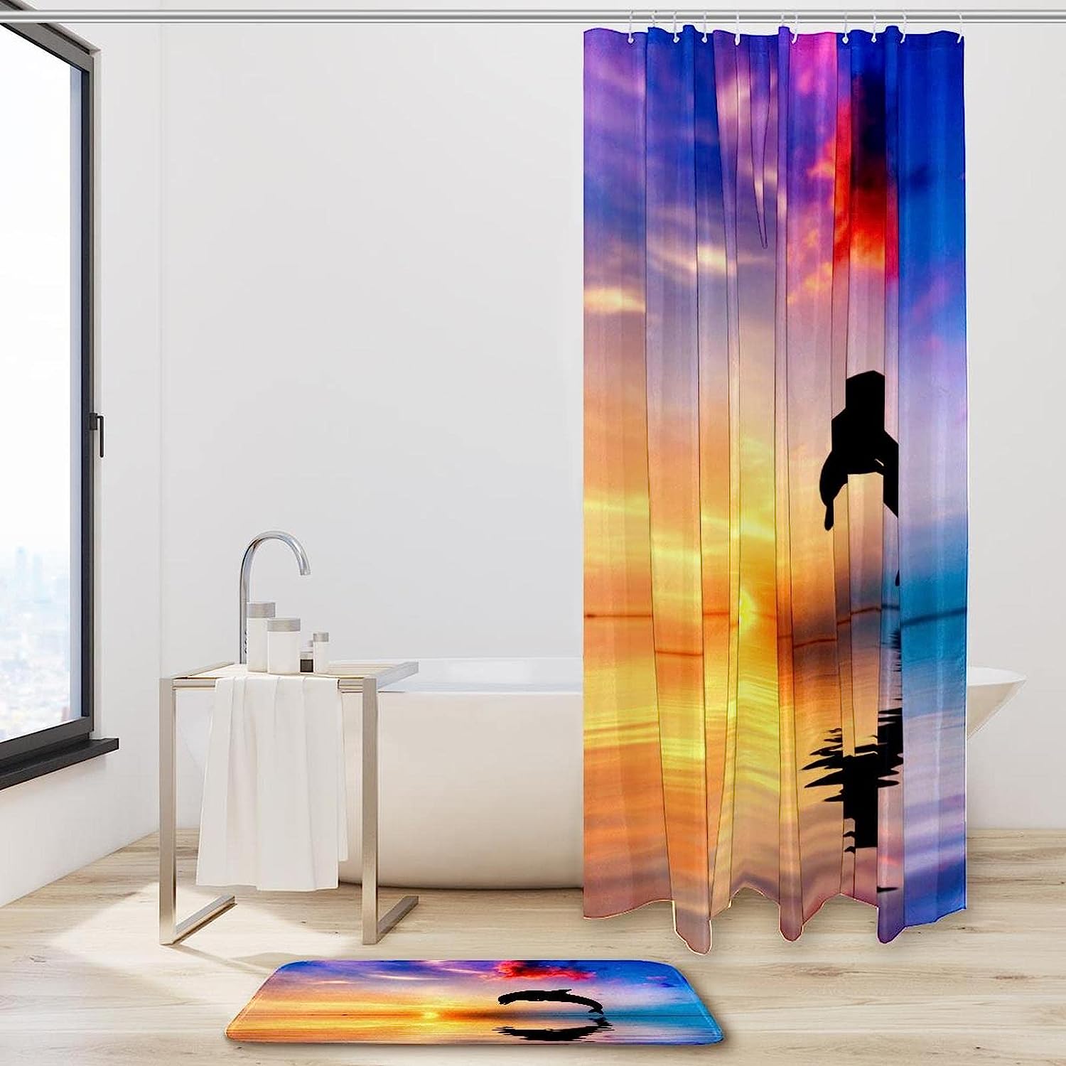Dolphins Jumping Out Of Sea Shower Curtain For Bathroom Decors - Image 2