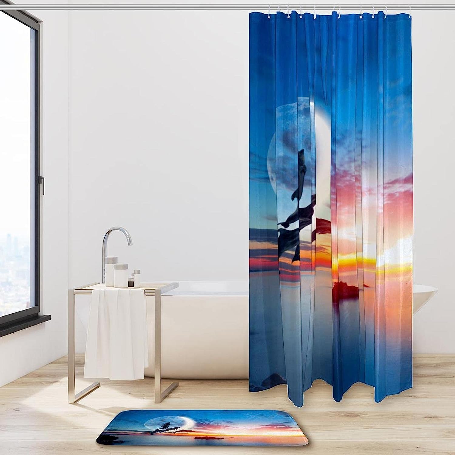 Dolphins Over The Sea Waterproof Shower Curtain For Bathroom Decor - Image 2
