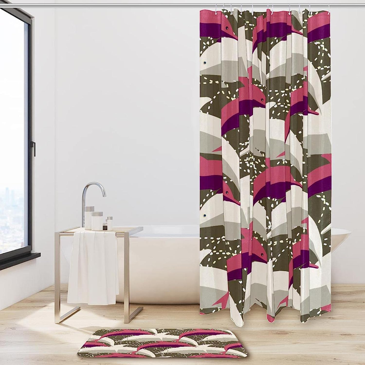 Dolphins Under Water Waterproof Bath Curtain For Bathroom - A Flock Of Dolphin Design - Image 2