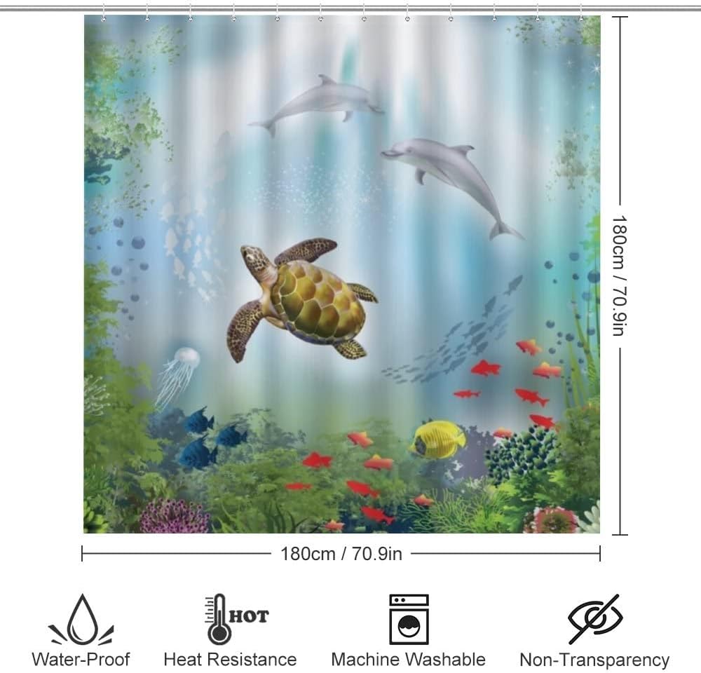 Dolphins and Sea Turtle Shower Curtain for Bathroom - Nature Theme Shower Curtains Decor Ideas for Home