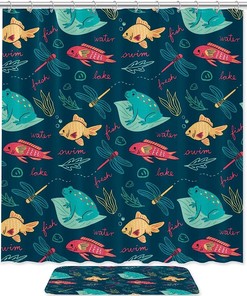 Doodle Frog, Fish, And Dragonfly Printed Shower Curtain For Bathroom Decor