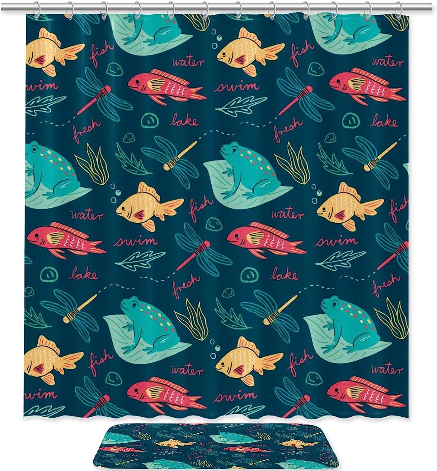 Doodle Frog, Fish, And Dragonfly Printed Shower Curtain For Bathroom Decor