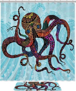 Double Glide Hooks Blue Modern Octopus Ocean Print Shower Curtain for Bathroom