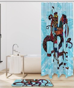 Double Glide Hooks Blue Modern Octopus Ocean Print Shower Curtain for Bathroom