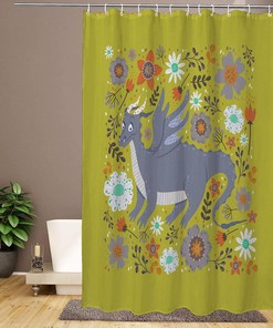 Dragon Among Flowers Design Shower Curtain, Decorative Bathroom Curtain with Fantasy Theme and VISALUNA Keyword