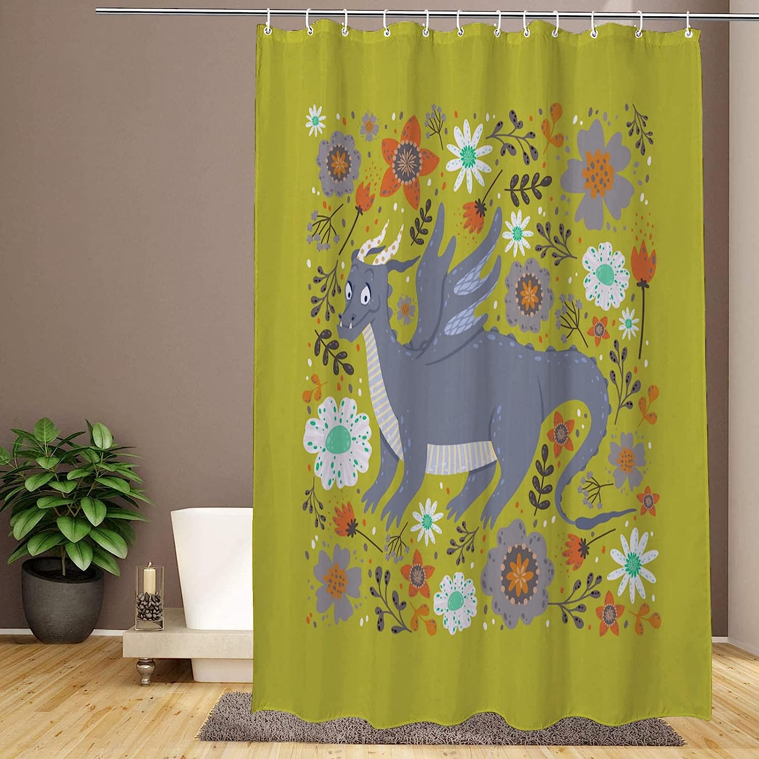 Dragon Among Flowers Design Shower Curtain, Decorative Bathroom Curtain with Fantasy Theme and VISALUNA Keyword