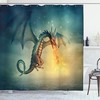 Dragon In The Sky Surreal Design Shower Curtain, Teal Yellow Cloth Fabric Bathroom Decors