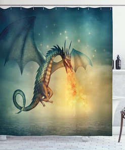 Dragon In The Sky Surreal Design Shower Curtain, Teal Yellow Cloth Fabric Bathroom Decors