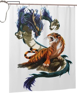 Dragon Tiger Fight Scene Shower Curtain - Water-resistant Fabric Bathroom Decor