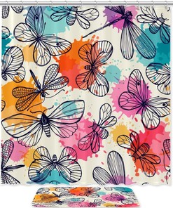 Dragonflies And Butterflies Waterproof Fabric Bathroom Shower Curtain
