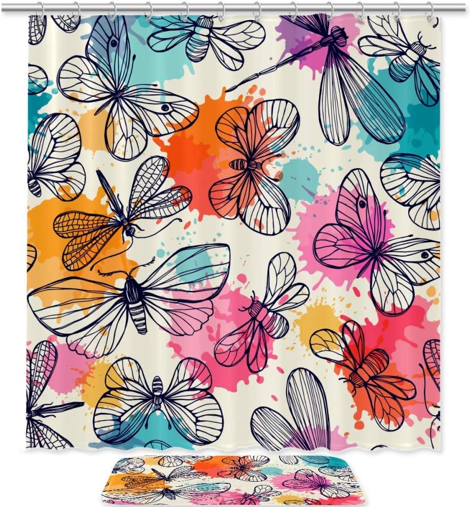 Dragonflies And Butterflies Waterproof Fabric Bathroom Shower Curtain