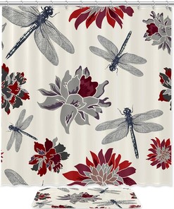 Dragonflies And Flowers Printed Waterproof Shower Curtain For Your Bathroom