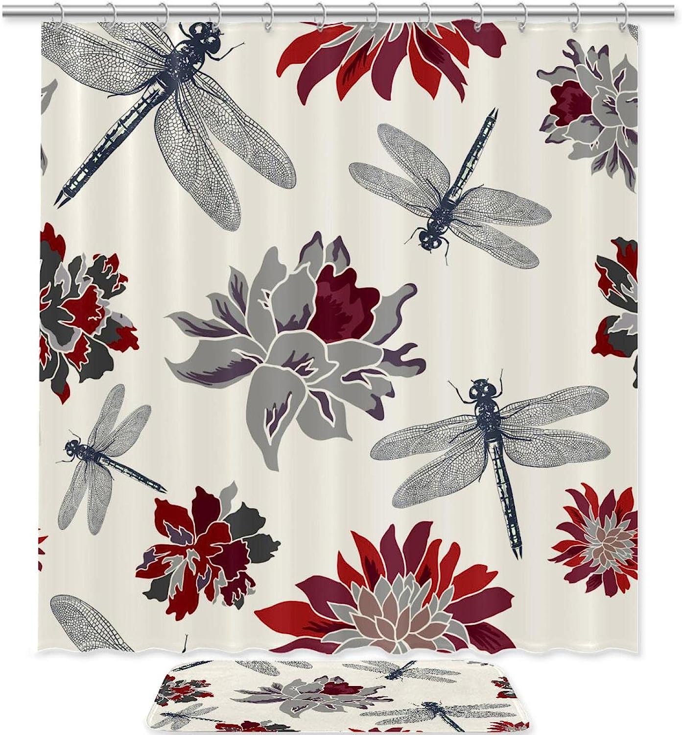 Dragonflies And Flowers Printed Waterproof Shower Curtain For Your Bathroom