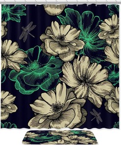 Dragonflies And Flowers Waterproof Shower Curtain For Bathroom Decor