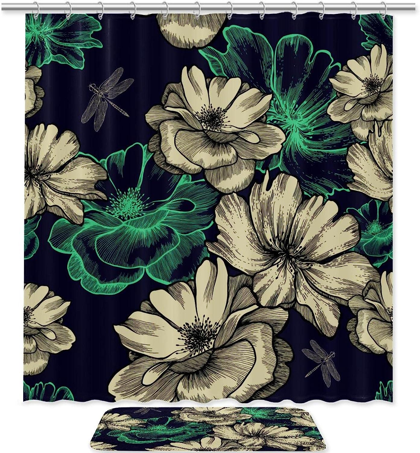 Dragonflies And Flowers Waterproof Shower Curtain For Bathroom Decor