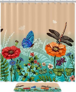 Dragonflies Butterflies Flowers Unique Shower Curtain for Nature Lovers