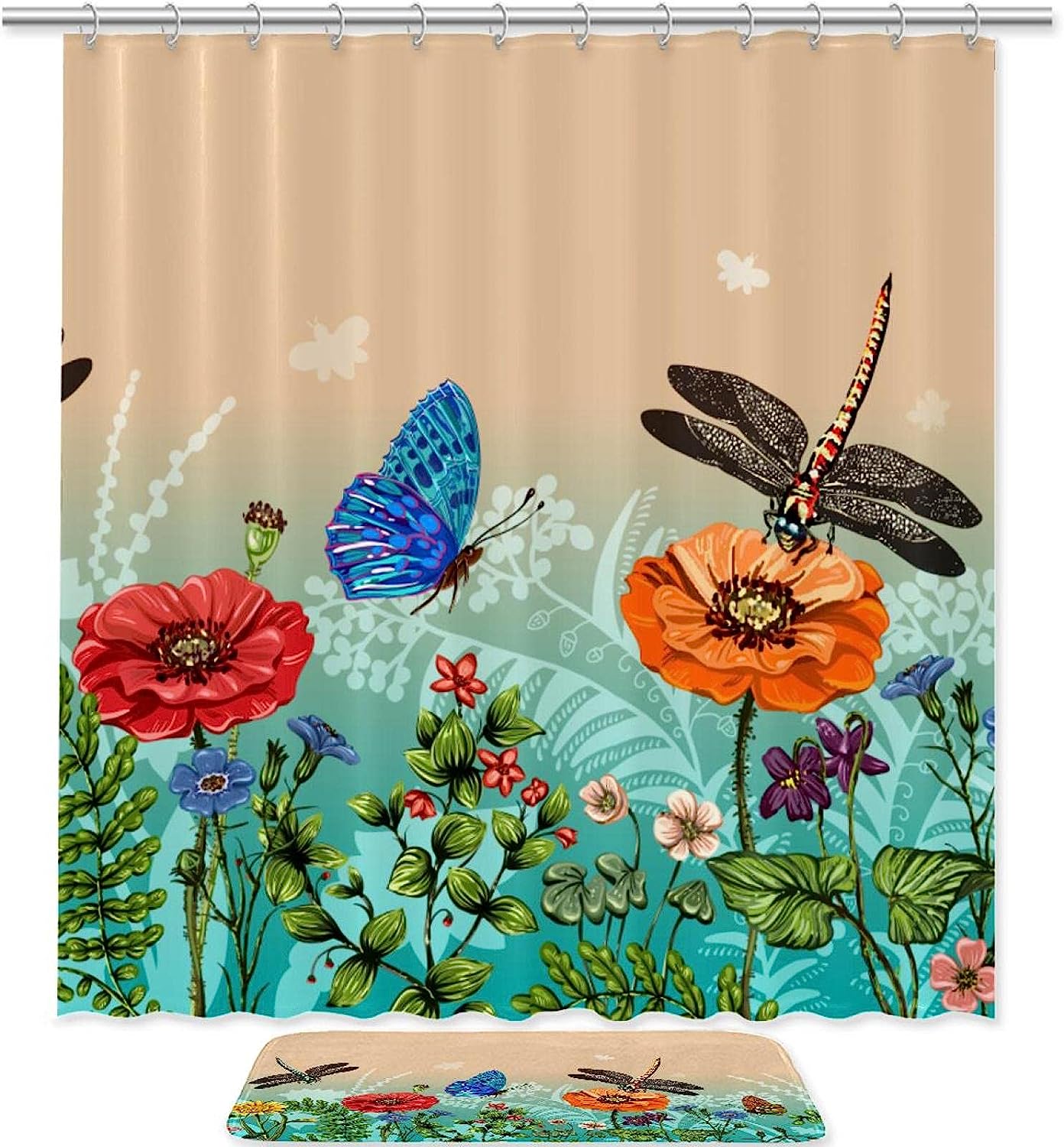 Dragonflies Butterflies Flowers Unique Shower Curtain for Nature Lovers