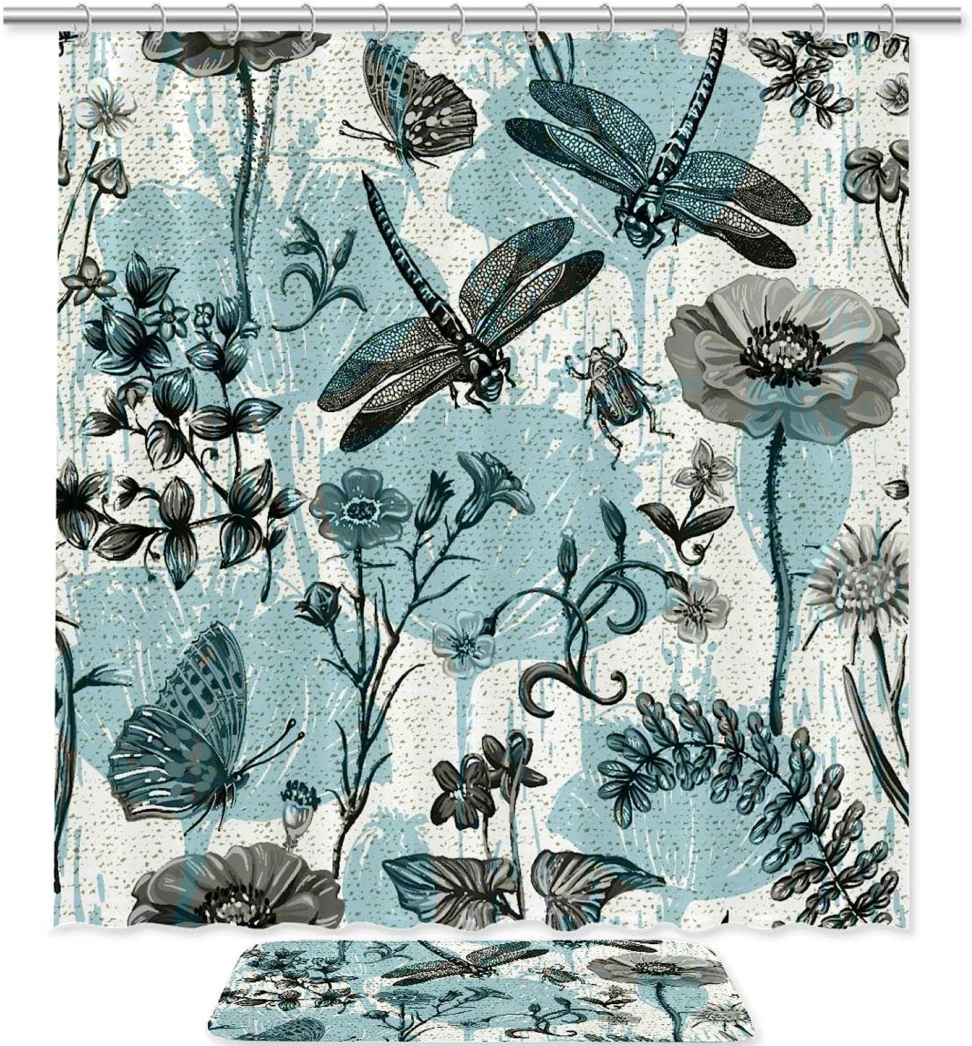 Dragonflies Flower Fabric Shower Curtain Liner For Delicate Bathroom Decor