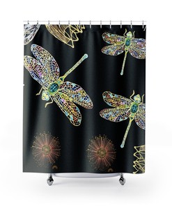 Dragonflies Flower Shower Curtain, Waterproof Fabric Bathroom Curtain