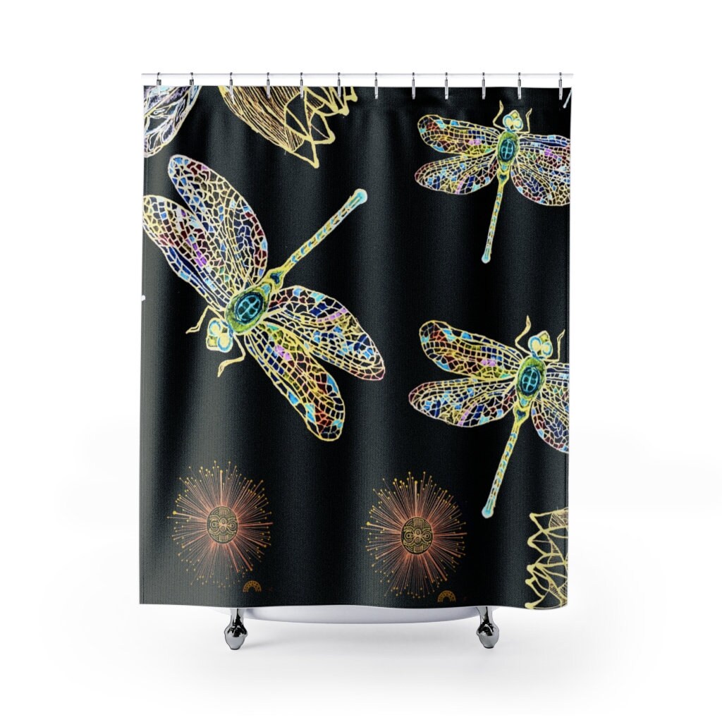 Dragonflies Flower Shower Curtain, Waterproof Fabric Bathroom Curtain