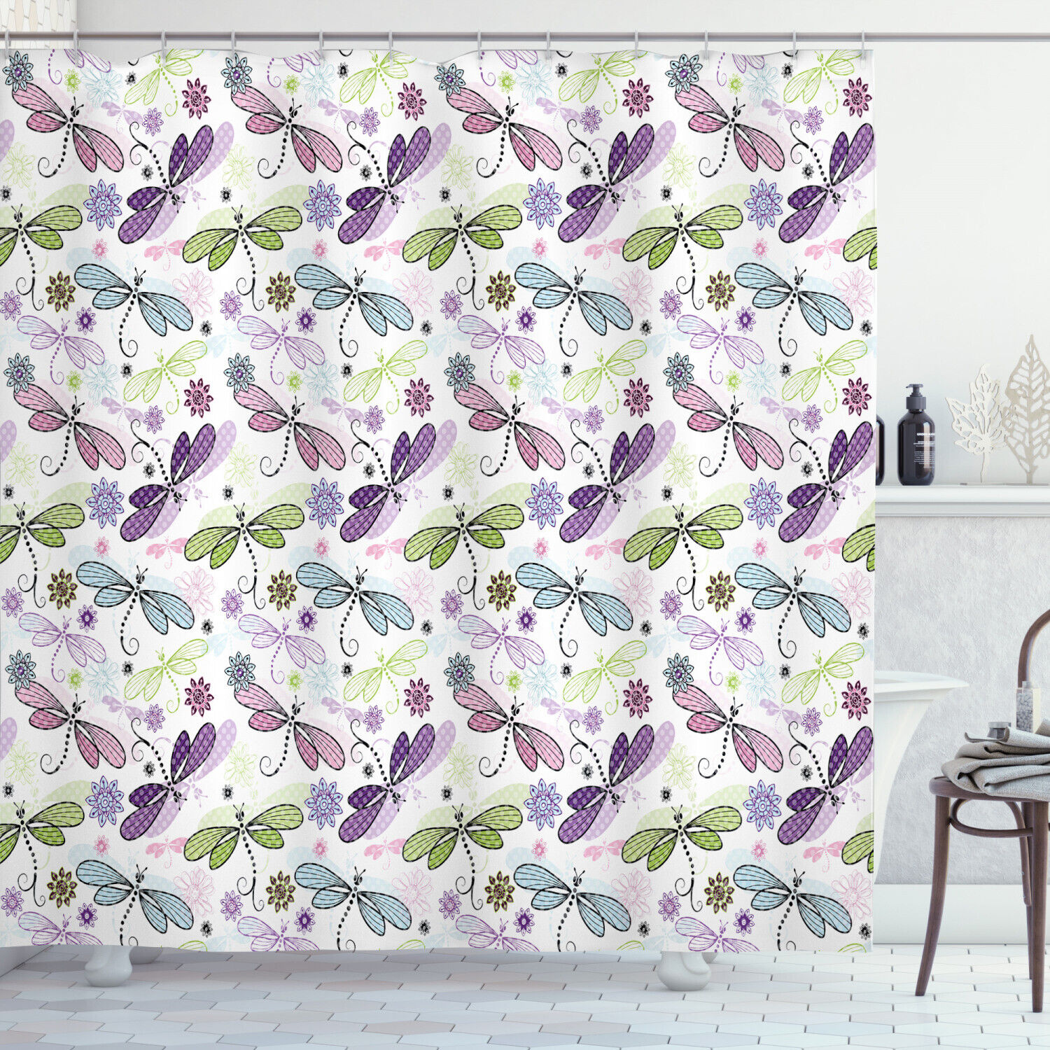 Dragonflies Flowers Print Shower Curtain For Nature Inspired Bathroom Decor