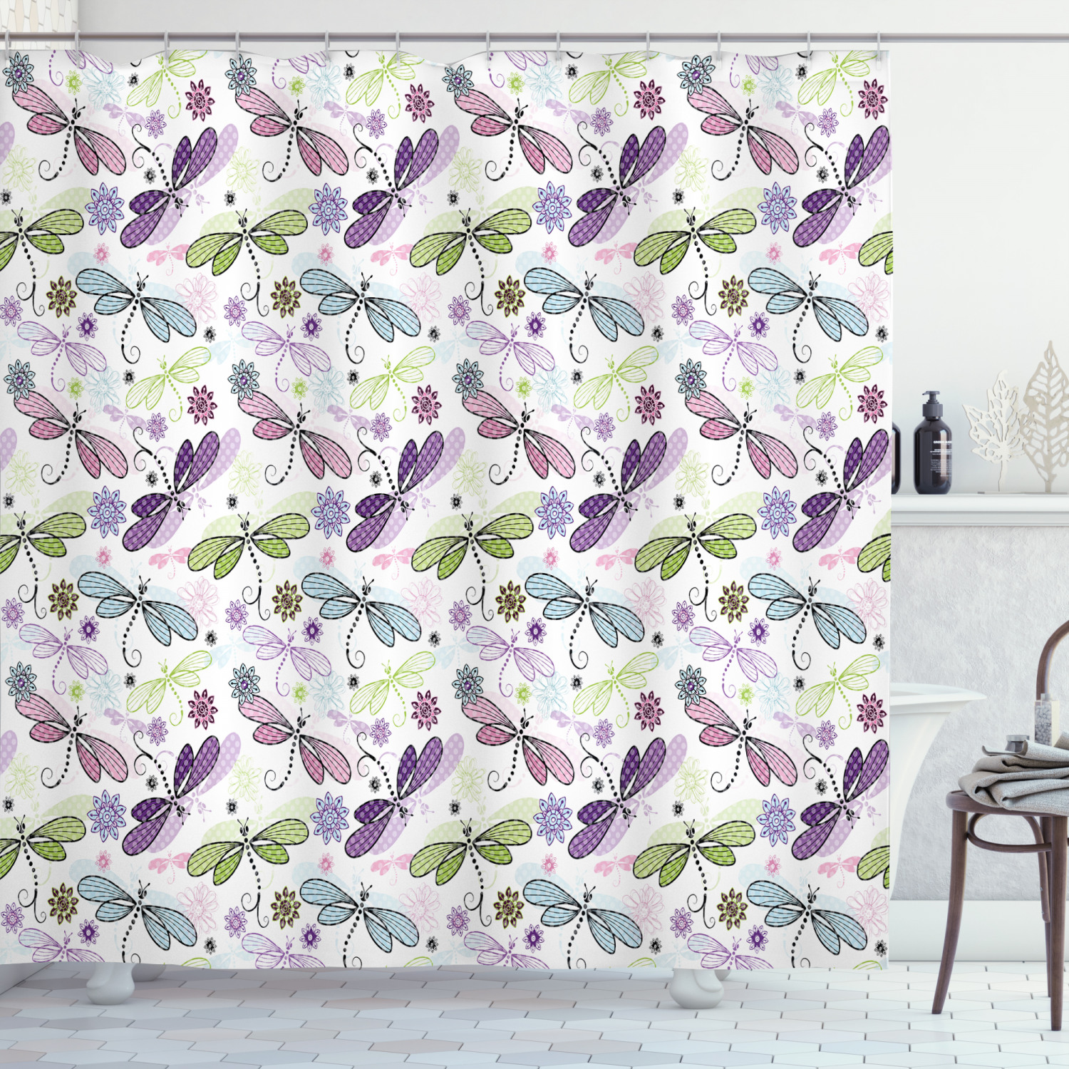 Dragonflies Flowers Print Shower Curtain For Nature Inspired Bathroom Decor - Image 3