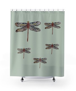 Dragonflies Shower Curtain On Sage Green Base