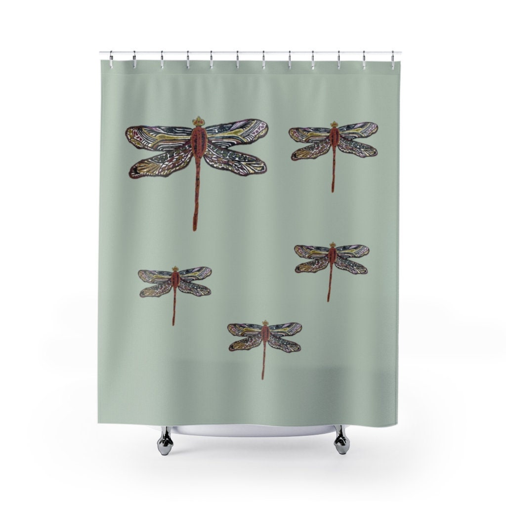 Dragonflies Shower Curtain On Sage Green Base