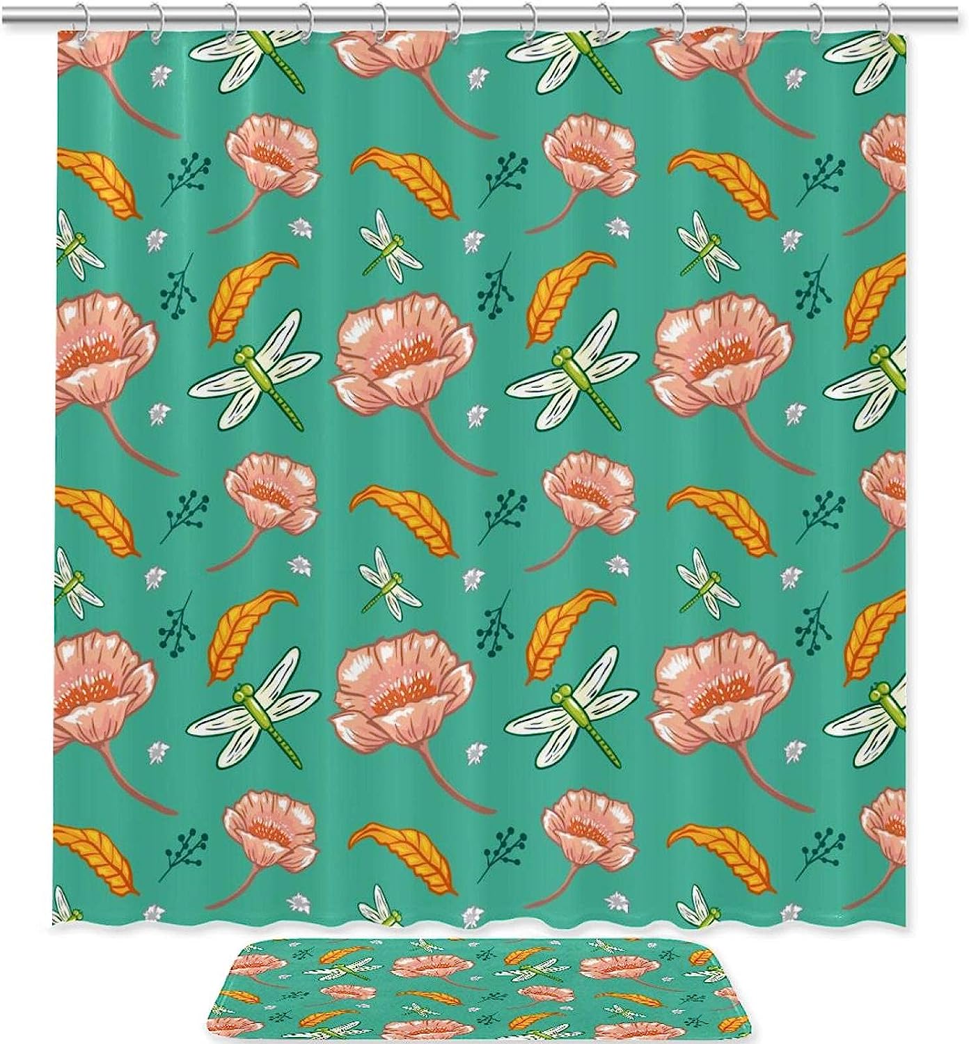 Dragonfly And Leaves Waterproof Fabric Shower Curtain For Bathroom Decor