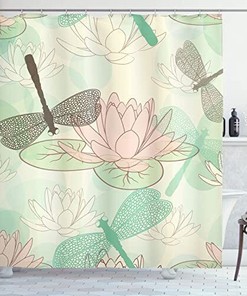 Dragonfly And Water Lily Shower Curtain With Floating Figures And Nature Print