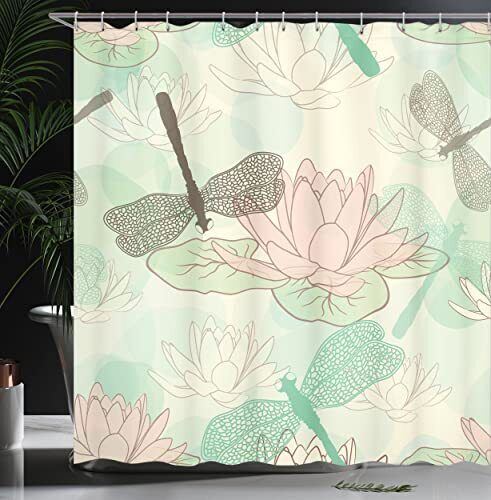 Dragonfly And Water Lily Shower Curtain With Floating Figures And Nature Print - Image 3