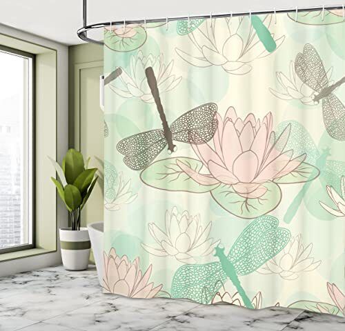 Dragonfly And Water Lily Shower Curtain With Floating Figures And Nature Print - Image 4