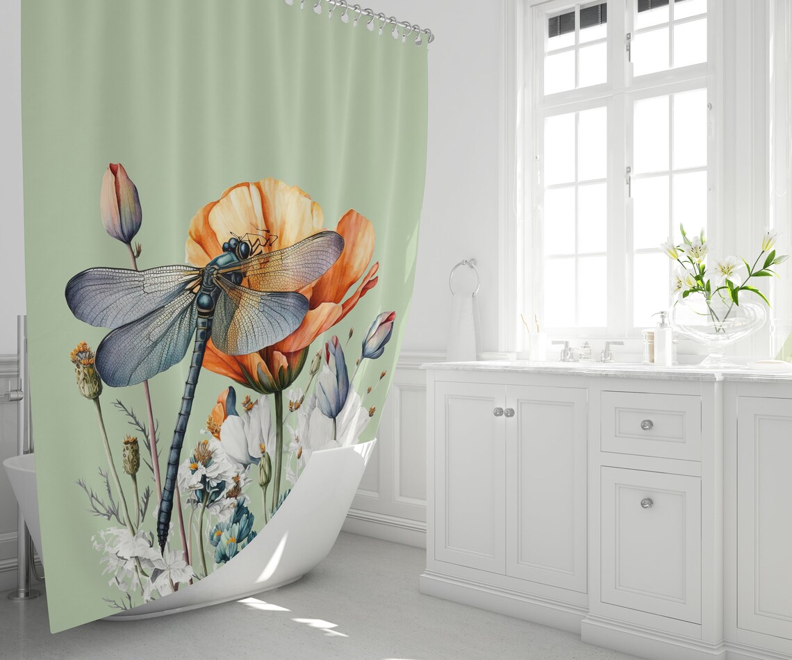 Dragonfly And Wild Flowers Custom Shower Curtain - Image 4