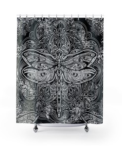 Dragonfly Bohemian Black and White Shower Curtain 