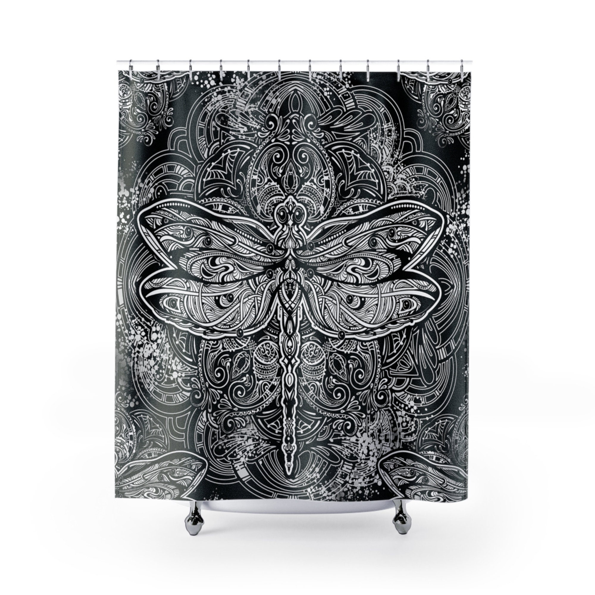 Dragonfly Bohemian Black and White Shower Curtain