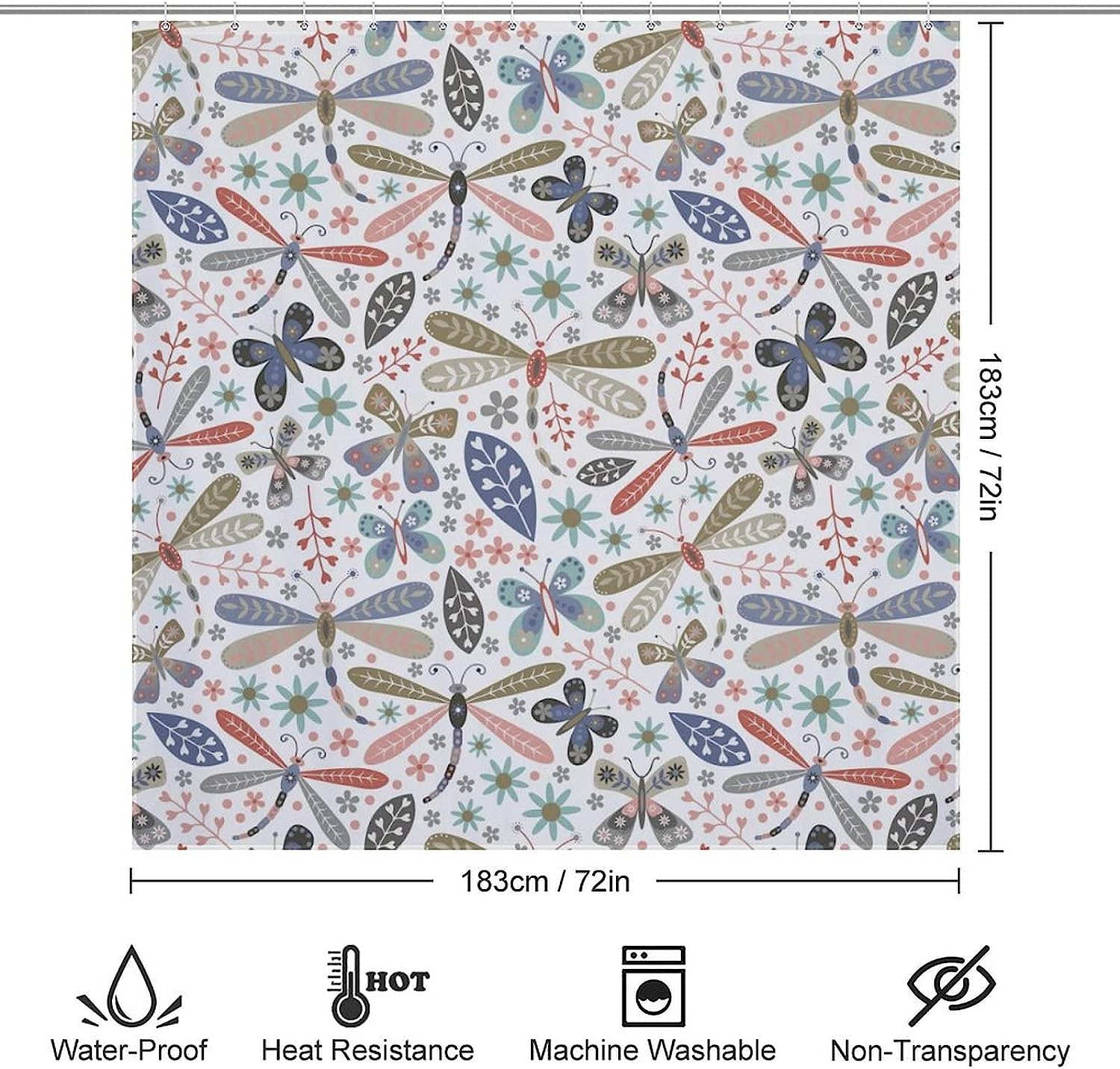 Dragonfly Butterfly Psychedelic Bathroom Shower Curtain, Durable Fabric