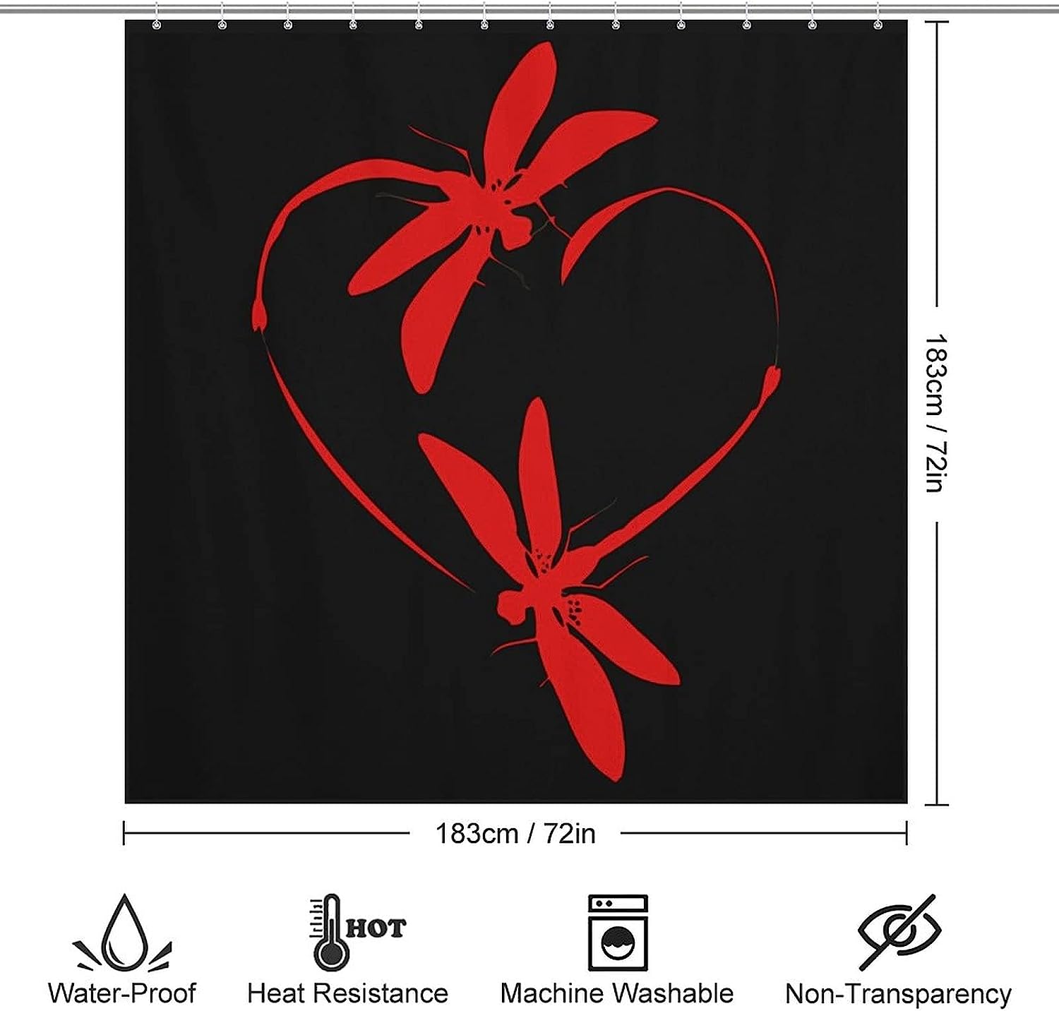 Dragonfly Heart Red Shower Curtain with Metal Grommet Holes for a Chic Style