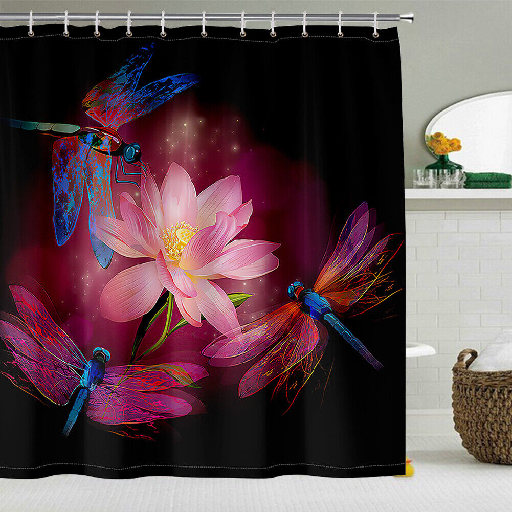Dragonfly Lotus Waterproof Fabric Shower Curtain For Bathroom - Image 2