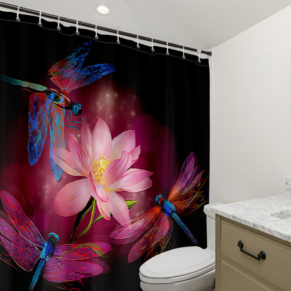 Dragonfly Lotus Waterproof Fabric Shower Curtain For Bathroom - Image 3