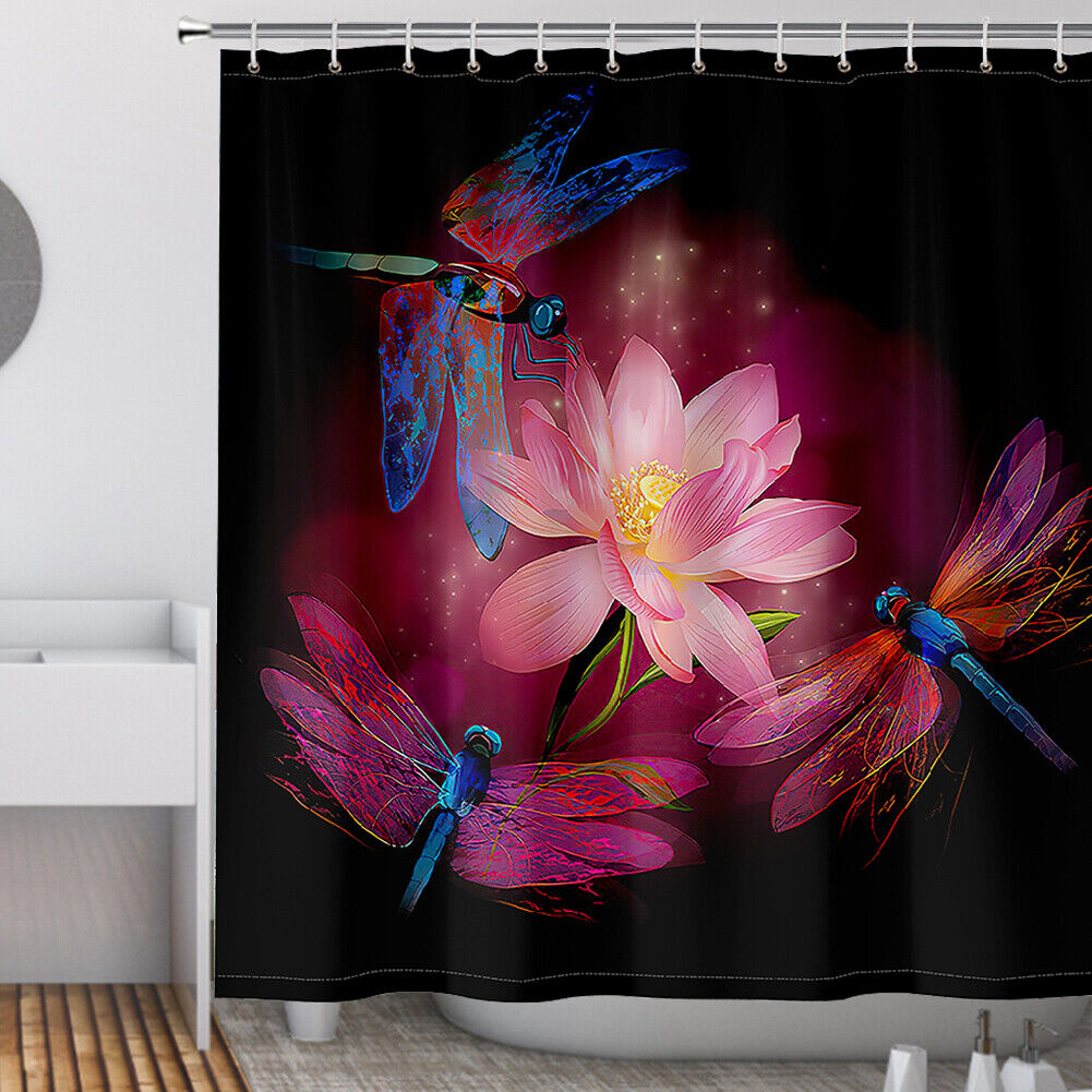 Dragonfly Lotus Waterproof Shower Curtain for Zen Bathroom Decor