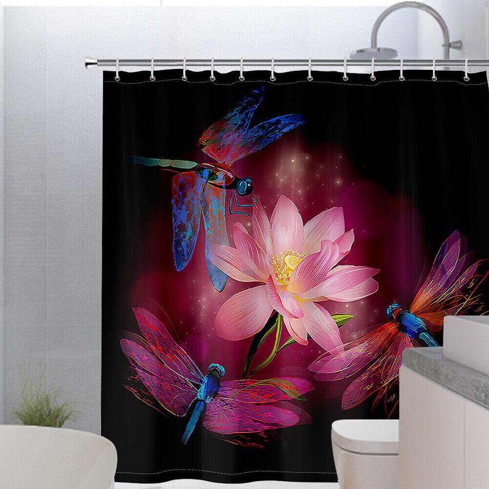 Dragonfly Lotus Waterproof Shower Curtain for Zen Bathroom Decor