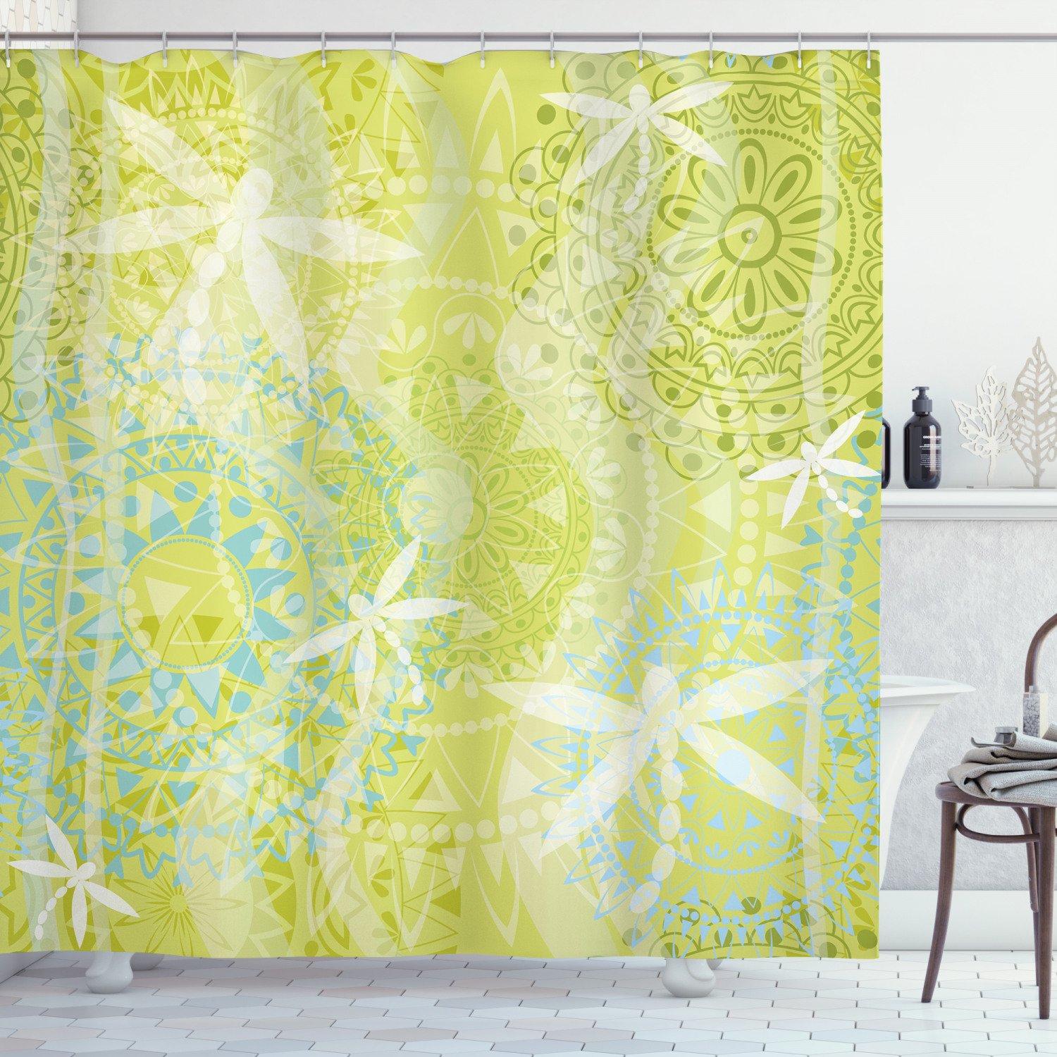 Dragonfly Over Mandala Print Animal Shower Curtain For Bathroom Decor - Image 3