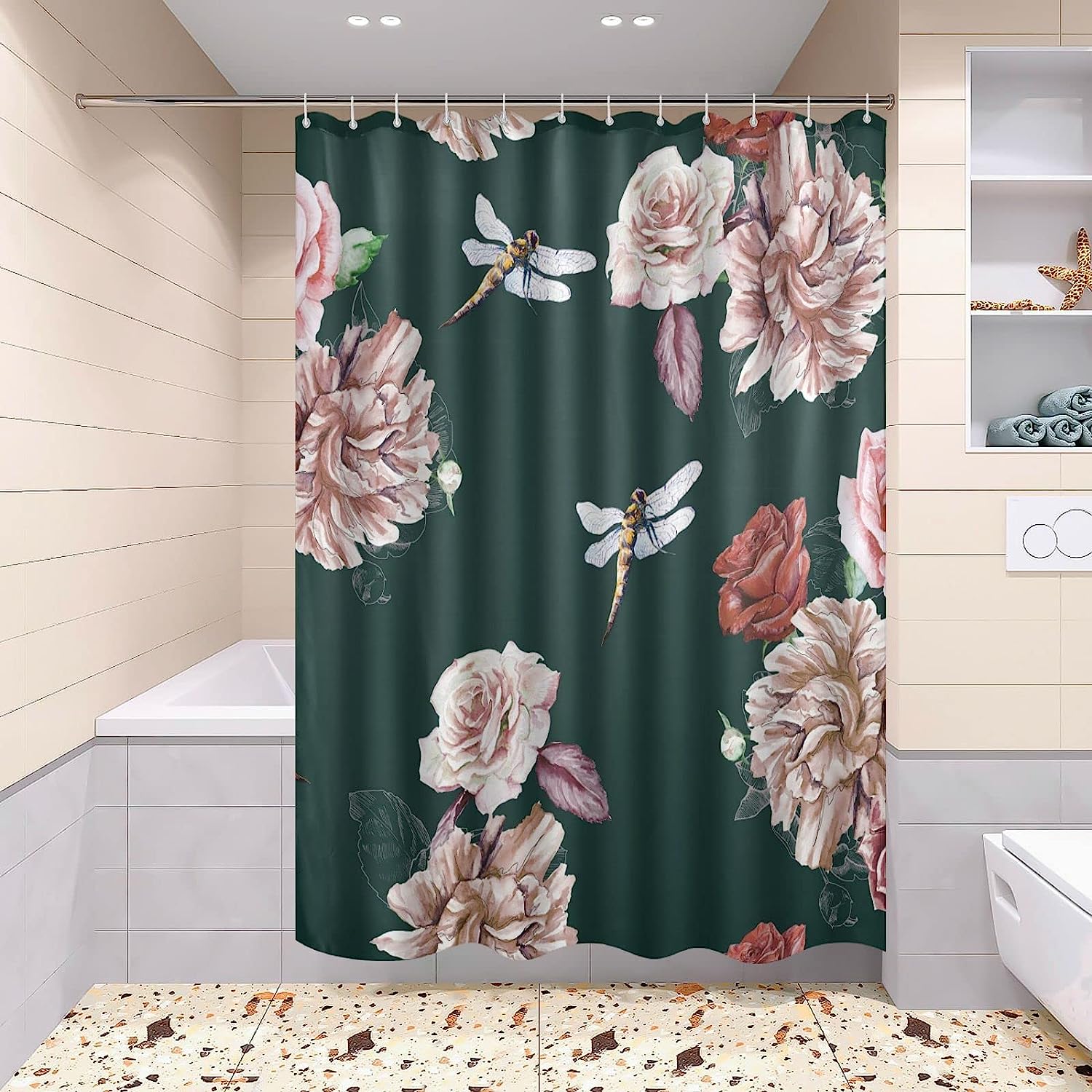 Dragonfly Peony Rose Elegant Shower Curtain For Bathroom