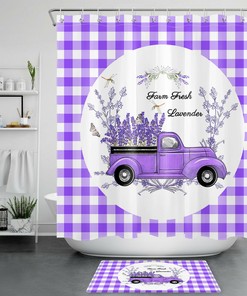Dragonfly Plaid Lavender Truck Purple Shower Curtain Set, Rustic Bathroom Decor with Floral Detail