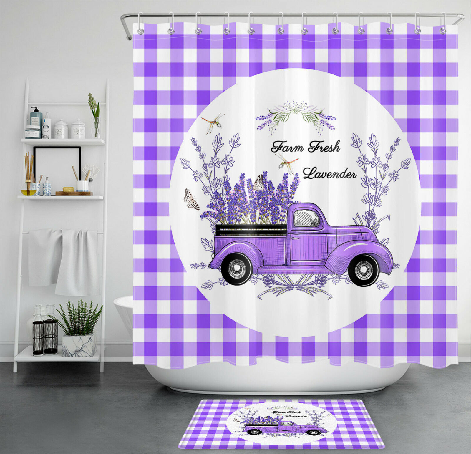 Dragonfly Plaid Lavender Truck Purple Shower Curtain Set, Rustic Bathroom Decor with Floral Detail